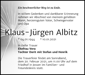Traueranzeige von Klaus-Jürgen Albitz von Super Sonntag Wittenberg