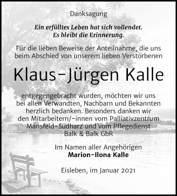 Traueranzeige von Klaus-Jürgen Kalle von Super Sonntag Mansfelder Land