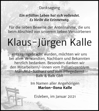 Traueranzeige von Klaus-Jürgen Kalle von Mitteldeutsche Zeitung Mansfelder Land