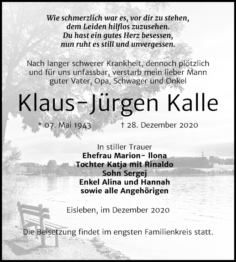  Traueranzeige für Klaus-Jürgen Kalle vom 05.01.2021 aus Mitteldeutsche Zeitung Mansfelder Land