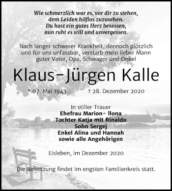Traueranzeige von Klaus-Jürgen Kalle von Super Sonntag Mansfelder Land