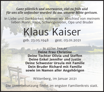 Traueranzeige von Klaus Kaiser von Super Sonntag Wittenberg
