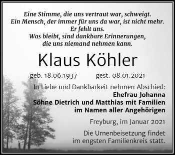 Traueranzeige von Klaus Köhler von Mitteldeutsche Zeitung Merseburg/Querfurt