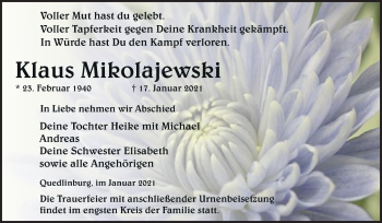 Traueranzeige von Klaus Mikolajewski von Mitteldeutsche Zeitung Quedlinburg