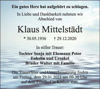 Traueranzeige von Klaus Mittelstädt von Mitteldeutsche Zeitung Köthen
