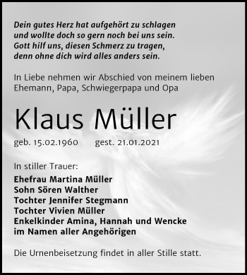 Traueranzeige von Klaus Müller von Super Sonntag Weißenfels