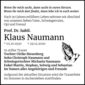 Traueranzeige von Klaus Naumann von Mitteldeutsche Zeitung Aschersleben