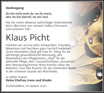 Traueranzeige von Klaus Picht von Mitteldeutsche Zeitung Aschersleben