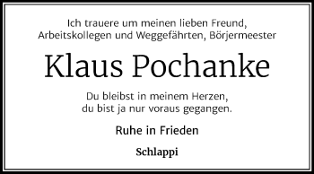 Traueranzeige von Klaus Pochanke von Mitteldeutsche Zeitung Halle/Saalkreis