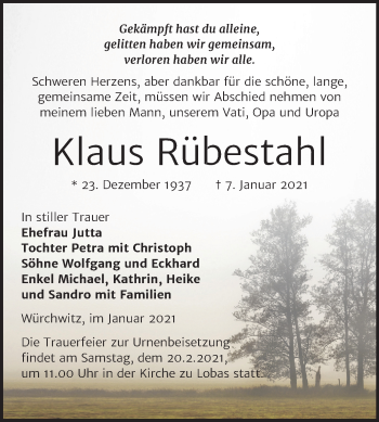 Traueranzeige von Klaus Rübestahl von Super Sonntag Zeitz