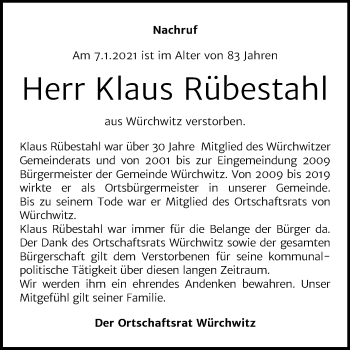 Traueranzeige von Klaus Rübestahl von Mitteldeutsche Zeitung Zeitz