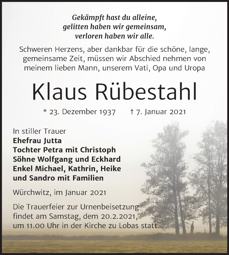  Traueranzeige für Klaus Rübestahl vom 16.01.2021 aus Super Sonntag Zeitz