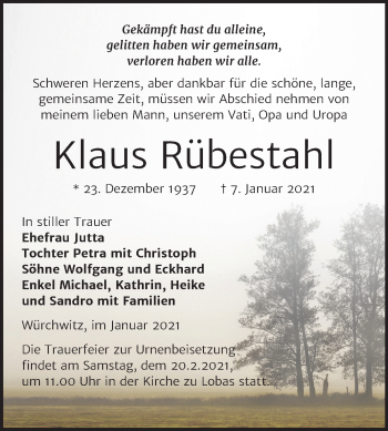Traueranzeige von Klaus Rübestahl von Mitteldeutsche Zeitung Zeitz