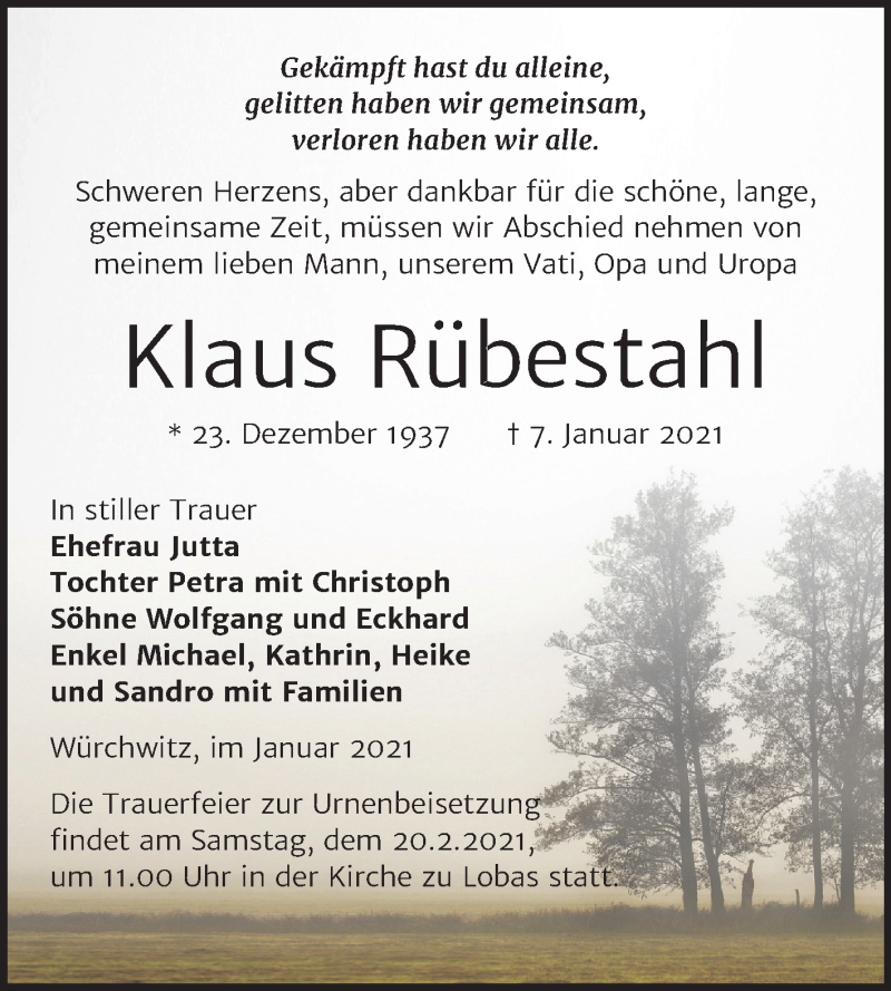  Traueranzeige für Klaus Rübestahl vom 16.01.2021 aus Mitteldeutsche Zeitung Zeitz