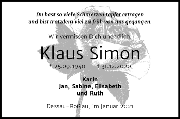 Traueranzeige von Klaus Simon von Super Sonntag Dessau-Roßlau