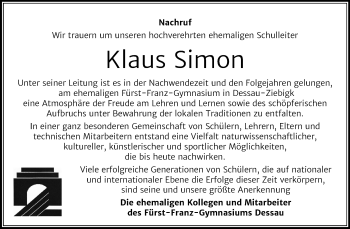 Traueranzeige von Klaus Simon von Mitteldeutsche Zeitung Dessau-Roßlau