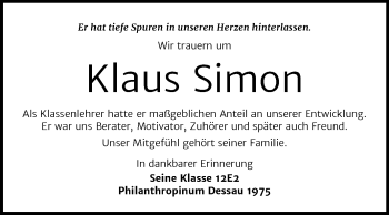 Traueranzeige von Klaus Simon von Super Sonntag Dessau-Roßlau