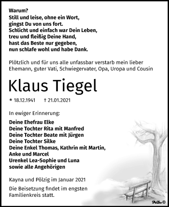 Traueranzeige von Klaus Tiegel von Mitteldeutsche Zeitung Zeitz