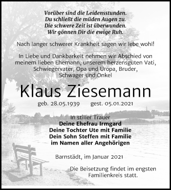 Traueranzeige von Klaus Ziesemann von Super Sonntag Merseburg/Querfurt