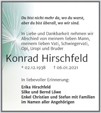 Traueranzeige von Konrad Hirschfeld von Mitteldeutsche Zeitung Halle/Saalkreis