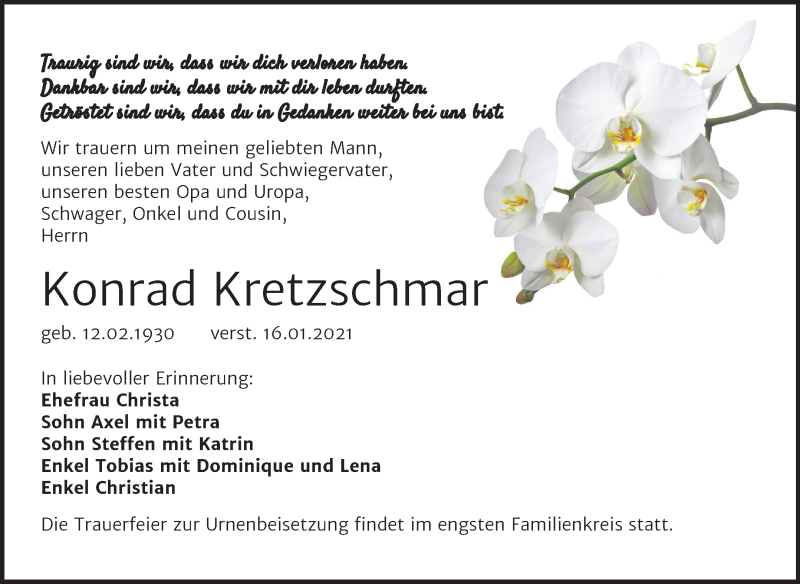  Traueranzeige für Konrad Kretzschmar vom 23.01.2021 aus Super Sonntag Weißenfels