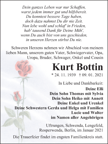 Traueranzeige von Kurt Bottin von Super Sonntag Sangerhausen