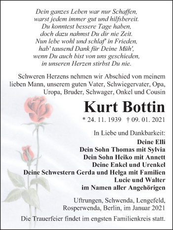 Traueranzeige von Kurt Bottin von Mitteldeutsche Zeitung Sangerhausen