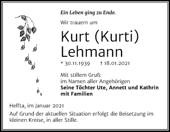 Traueranzeige von Kurt Lehmann von Mitteldeutsche Zeitung Mansfelder Land