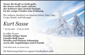 Traueranzeige von Kurt Sasse von Mitteldeutsche Zeitung Aschersleben