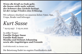 Traueranzeige von Kurt Sasse von Super Sonntag Aschersleben