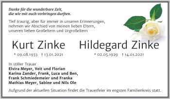 Traueranzeige von Kurt und Hildegard Zinke von Mitteldeutsche Zeitung Mansfelder Land