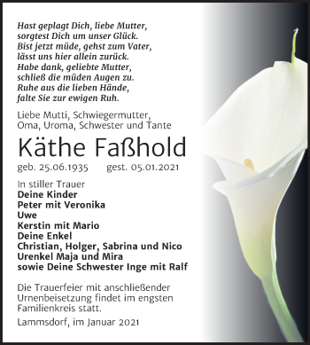 Traueranzeige von Käthe Faßhold von Super Sonntag Wittenberg