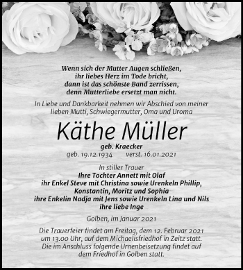 Traueranzeige von Käthe Müller von Mitteldeutsche Zeitung Zeitz