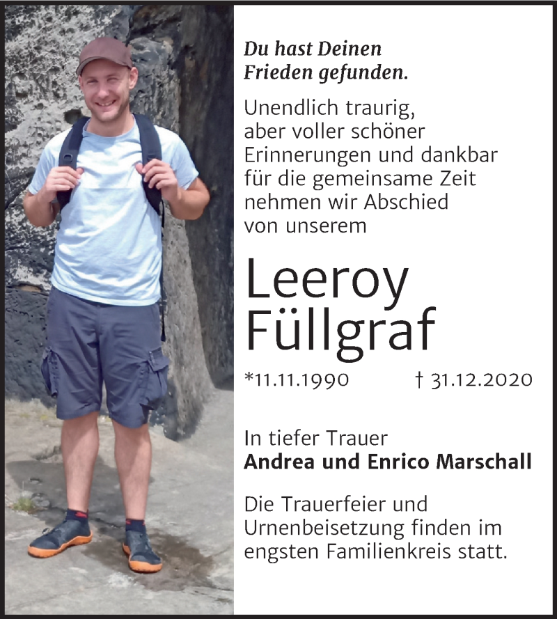  Traueranzeige für Leeroy Füllgraf vom 16.01.2021 aus Super Sonntag Köthen