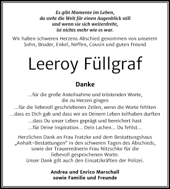 Traueranzeige von Leeroy Füllgraf von Mitteldeutsche Zeitung Köthen