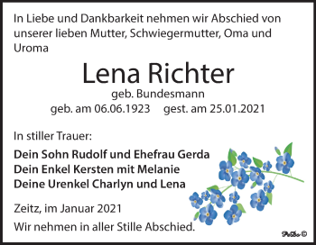 Traueranzeige von Lena Richter von Super Sonntag Zeitz