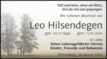 Traueranzeige von Leo Hilsendegen von Super Sonntag Wittenberg
