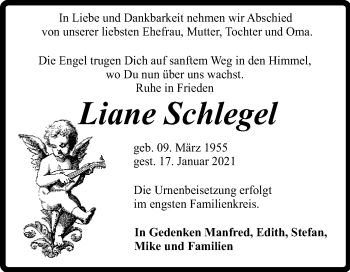 Traueranzeige von Liane Schlegel von Super Sonntag Quedlinburg