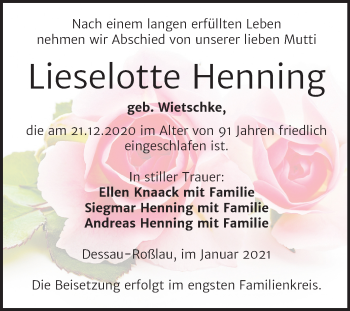 Traueranzeige von Lieselotte Henning von Mitteldeutsche Zeitung Dessau-Roßlau