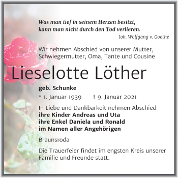Traueranzeige von Lieselotte Löther von Mitteldeutsche Zeitung Naumburg/Nebra