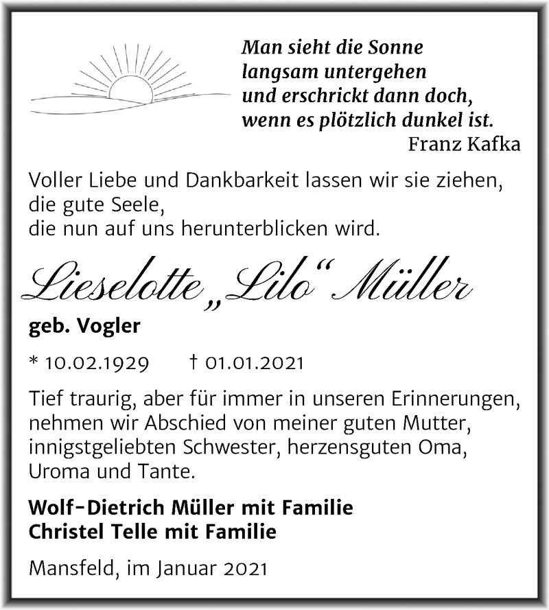  Traueranzeige für Lieselotte Müller vom 09.01.2021 aus Mitteldeutsche Zeitung Mansfelder Land