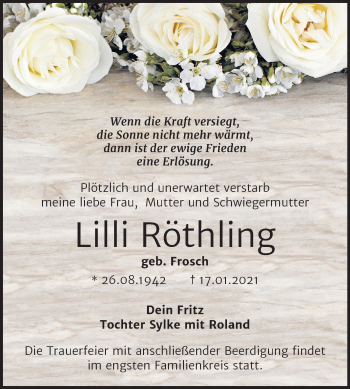 Traueranzeige von Lilli Röthling von Mitteldeutsche Zeitung Halle/Saalkreis