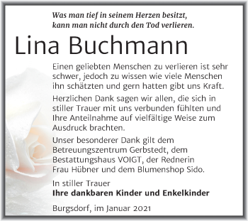 Traueranzeige von Lina Buchmann von Mitteldeutsche Zeitung Mansfelder Land