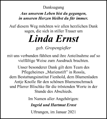 Traueranzeige von Linda Ernst von Mitteldeutsche Zeitung Sangerhausen