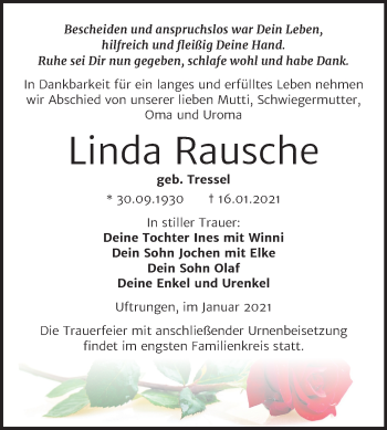 Traueranzeige von Linda Rausche von Super Sonntag Sangerhausen
