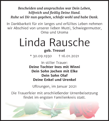 Traueranzeige von Linda Rausche von Mitteldeutsche Zeitung Sangerhausen
