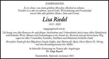 Traueranzeige von Lisa Riedel von Mitteldeutsche Zeitung Quedlinburg