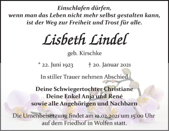 Traueranzeige von Lisbeth Lindel von Mitteldeutsche Zeitung Bitterfeld