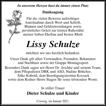 Traueranzeige von Lissy Schulze von Mitteldeutsche Zeitung Wittenberg