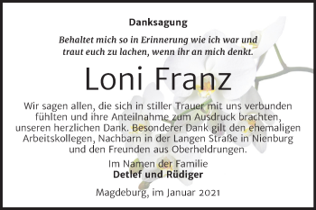 Traueranzeige von Loni Franz von Super Sonntag Bernburg